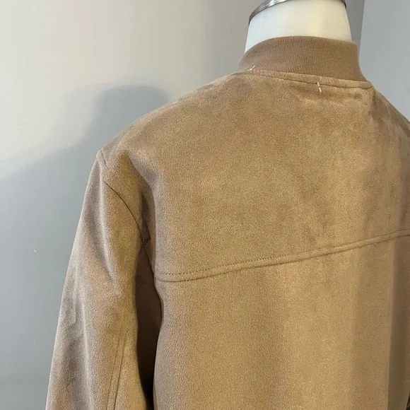 Tan Suede Bomber Jacket with Ribbed Details - Picture 9 of 13